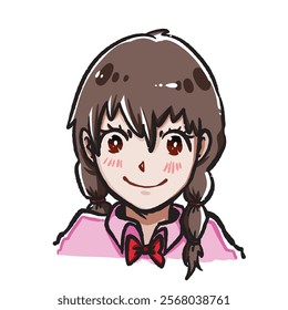 Cute smiling girl with brown hair pigtail hairstyle, red ribbon, and pink shirt portrait illustration. Anime cartoon simple flat art styled outlined drawing.