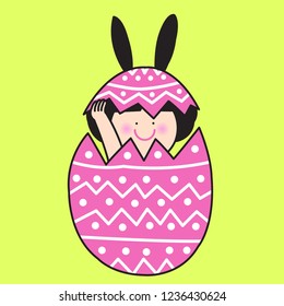 A Cute Smiling Girl With Bunny Ears Say Hello In Easter Egg Concept Card Character illustration