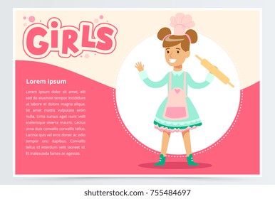 Cute smiling girl chef with rolling pin, girls banner flat vector element for website or mobile app