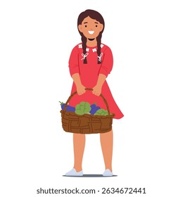 Cute smiling girl child farmer cartoon character carrying basket with seasonal harvest isolated on white background. Female kid personage with crop of eggplant and broccoli vector illustration