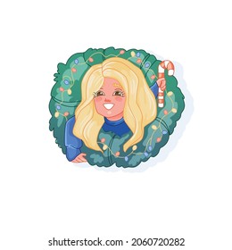 Cute smiling girl child wearing Christmas wreath isolated vector. Festive costume disguise for children on Xmas and New Year party celebration