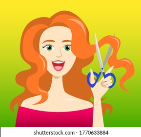 Cute smiling girl cutting her hair with scissors. Cartoon vector illustration