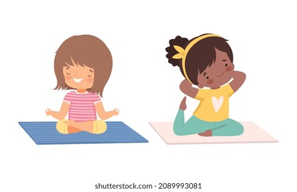 Cute Smiling Girl Doing Yoga Standing in Asana on Mat Vector Set