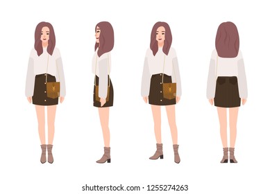 Cute smiling girl dressed in trendy casual clothes. Pretty young woman wearing jumper and mini skirt. Stylish outfit. Female cartoon character isolated on white background. Flat vector illustration.