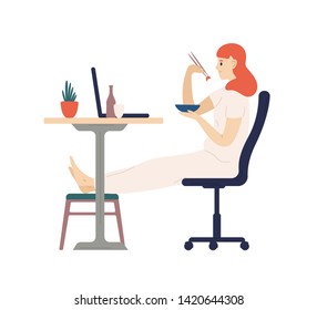 Cute smiling girl eating dinner with chopsticks and watching movies on laptop computer. Adorable young woman dining at home. Daily recreational activity. Flat cartoon colorful vector illustration.