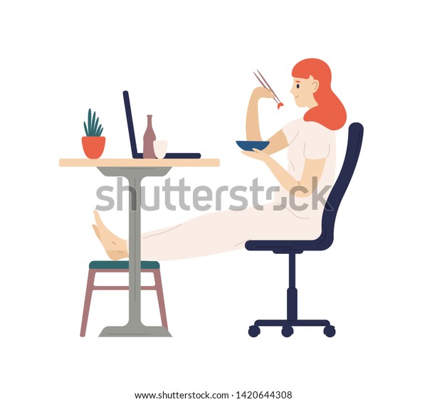 笑顔のかわいい女の子が箸で夕食を食べたり パソコンで映画を見たり 家で食事 をしている愛らしい若い女性 日々の娯楽活動 平らなカートーンのカラフルなベクターイラスト のベクター画像素材 ロイヤリティフリー