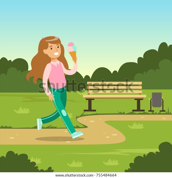 公園内を歩きながらアイスクリームを食べるかわいい笑顔の女の子 子どもの野外活動ベクターイラスト のベクター画像素材 ロイヤリティフリー