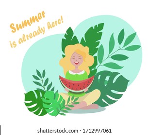 Cute smiling girl eats watermelon sitting among green plants. Bright summer vector illustration in flat style.
