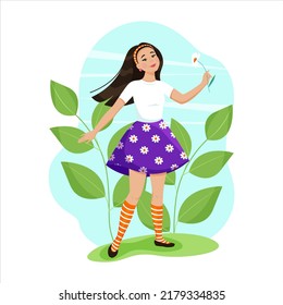 Cute smiling girl with a flower in her hand. A female character in a floral skirt. Vector illustration in flat cartoon style.