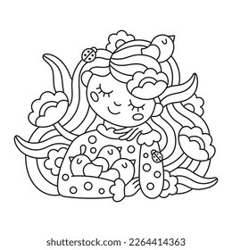 Cute smiling girl with flowers and birds in spring. Peaceful summertime portrait of young woman. Beautiful springtime coloring page for kids. Funny cartoon vector illustration