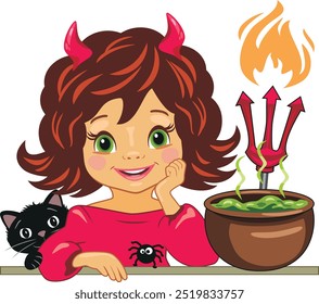Cute smiling girl in Halloween devil costume. Vector