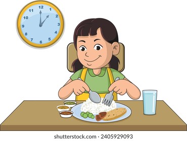 Cute smiling girl having rice, vegetables in lunch vector illustration