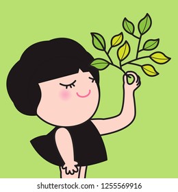 Cute Smiling Girl With Her Human Hand Tree With Green Leaves. Eco Earth Loving Concept Card Character illustration