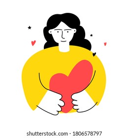 Cute and smiling girl holding big red heart. Self care concept. Illustration on white background.