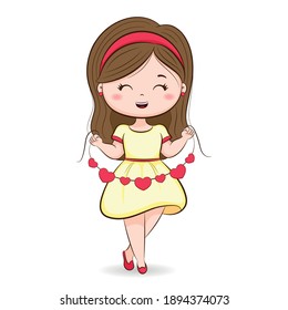 Cute Smiling girl holding heart garland Vector