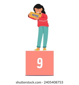 Niña Sonriente Cuidada Con El Número Nueve, Haciendo Hincapié En Un Enfoque Juicioso Para Aprender Matemáticas. Alegre Estudio Aritmético De Caracteres Infantiles. Concepto de Educación Preescolar. Ilustración de vectores de personas de caricatura