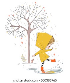 Cute smiling girl jumping in puddle. Theme autumn.