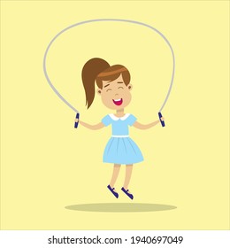 Cute smiling girl jumping rope. Happy jumping kid. Child enjoying exercising. Happy childhood concept. Isolated flat vector illustration.