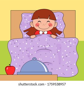 Cute smiling girl lying in a bed. There are meal and red apple by the bed. Cartoon style. Eating in a bed. Prevention against different illnesses theme