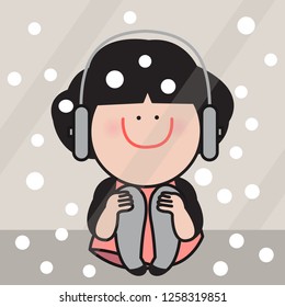 Cute Smiling Girl On Headphone Sitting And Looking At The Snow Through The Window. Concept Of Winter Holiday Season Card Character illustration
