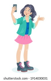 Cute smiling girl with a phone in her hand. The young woman is a blogger. In cartoon style. Isolated on white background. Vector flat illustration