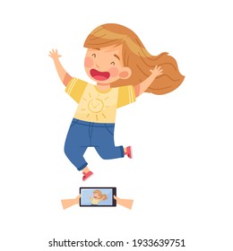 Cute Smiling Girl Posing with Somebody Holding Camera and Taking Photo Vector Illustration