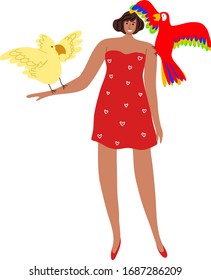 Cute smiling girl in red dress taking a photo with two parrots. Vector illustration in flat cartoon style