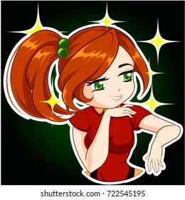 Cute smiling girl with red hair and green eyes. Vector illustration. Cartoon sticker in japanese comic style. Isolated on dark background.
