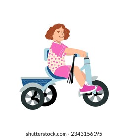 Cute smiling girl riding bicycle. Little kid learning on a first tricycle bike. Flat vector illustration isolated on white background.