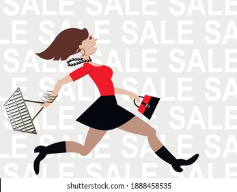 Cute smiling girl running with a grocery basket and a lady's purse on a gray background with the text sale and copy space. Concept shopping