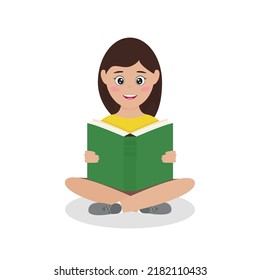 Cute smiling girl sitting with book in her hands. International Literacy or World book reading Day. Education, knowledge, study concept. Flat vector illustration