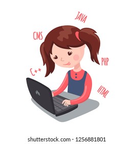 Cute smiling girl sitting at laptop and learning web design and coding. Vector illustration isolated on white background. Design for bunner, poster or website.