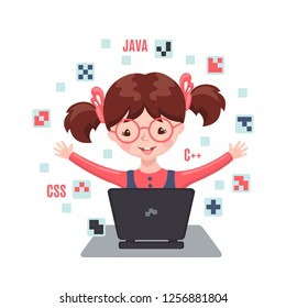 Cute smiling girl sitting at laptop and learning web design and coding. Vector illustration isolated on white background. Design for bunner, poster or website.