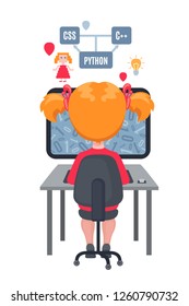 Cute smiling girl sitting at laptop and learning web design and coding. Vector illustration isolated on white background. Design for bunner, poster or website.
