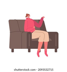 Cute Smiling Girl Sitting on Cozy Sofa at Home, Female Character Having Leisure, Sparetime, Relaxing or Chatting with Friend Isolated on White Background. Cartoon People Vector Illustration