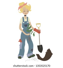 Cute smiling girl spring, summer gardening. Young adult woman with shovel and plant doing garden job: planting, growing, transplant sprouts. Female character. Vector illustration in flat cartoon style