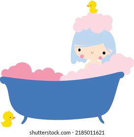 Cute smiling girl taking bath with yellow rubber ducks and pink bobbles