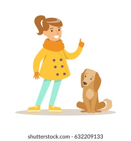Cute smiling girl walking with her dog outdoor. Colorful cartoon character vector Illustration