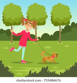 Cute smiling girl walking with her dog in the park, kids outdoor activity vector illustration