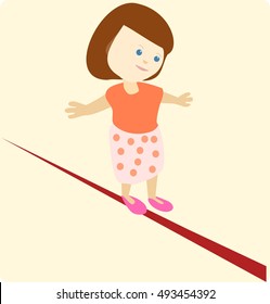 Cute smiling girl walking on a tight rope doing balancing act vector illustration