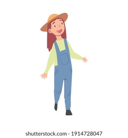 Cute Smiling Girl Wearing Denim Overalls and Straw Hat Cartoon Style Vector Illustration