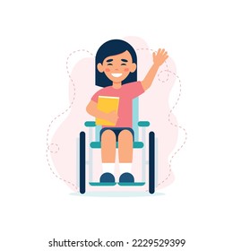 Cute smiling girl in wheelchair. Child with disabilities. Concept of education, training and social adaptation of people with disabilities. Equal opportunities. Inclusivity. Vector illustration