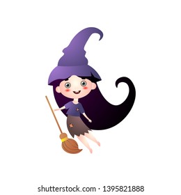 Cute smiling girl in witch costume with hat and broom