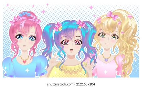 Cute smiling girls in anime style. Background with happy characters in manga and anime style. Vector illustration.