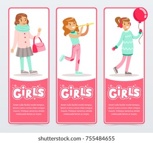 Cute smiling girls in different situations, girls banners set flat vector element for website or mobile app