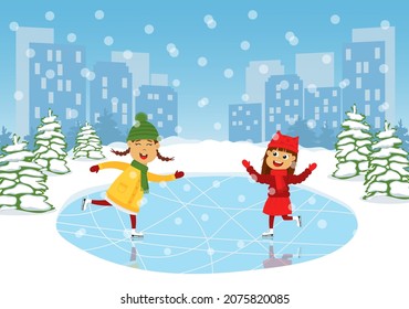 Cute smiling girls ice skating on rink. Winter scene with a city on background. Winter activity with happy children. Funny ice skate scene. Christmas design. Flat vector illustration. 