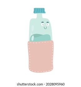 Cute smiling glass Reusable water bottle. Environmental-friendly bottle. Reusable stainless bottle for water. Zero waste life concept. No plastic style. Vector.