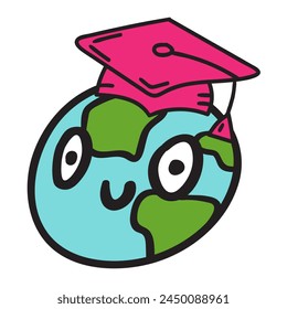 Cute smiling globe in a graduation cap. Hand drawn vector illustration design on white background.