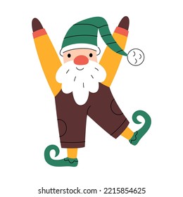 Cute smiling gnome wearing traditional outfit. Funny Christmas character greeting and waving hands. Colorful New year symbol. Xmas holiday toy and decor. Minimalistic flat hand-drawn isolated 