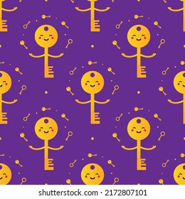 Carácter de clave dorada sonriente lindo, divertido, malabarismo de pequeñas llaves vector fondo de patrón sin fisuras.